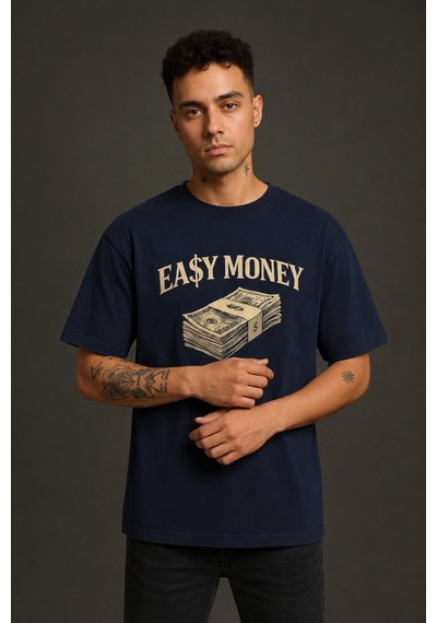 Technomonkey Easy Money Baskılı Unisex Lacivert Retro Tişört
