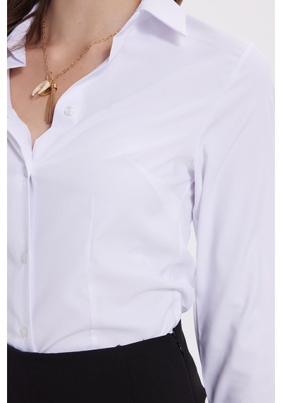 Tudors Kadın Slim Fit Dar Kesim Klasik Yaka Uzun Kollu Beyaz Gömlek-40337 Beyaz