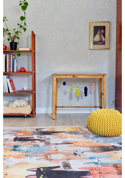 Renkli Kedi Desenli Kilim Çocuk & Oyun Odası Dekoratif Tasarım Çok Renkli Çok Renkli