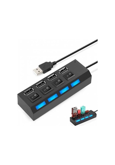 4 Port Usb Çoklayıcı 2.0 Hub Switch Çoğaltıcı Işıklı Anahtarlı