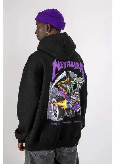 Startmore Metallica Mor Sırt Baskılı Beyaz Oversize Kapüşonlu Siyah