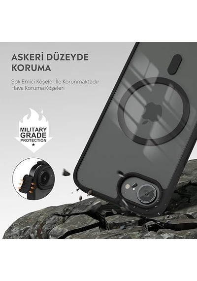 İphone İçin Kılıf Kamera Korumalı Magsafe Wireless Şarj Özellikli Şeffaf Renkli Kılıf İphone 16e Siyah 50 x 22