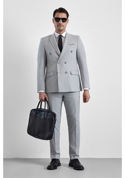 Süvari Gri Slim Kruvaze Yaka 6 Drop Takım Elbise Tk1006900395-s05