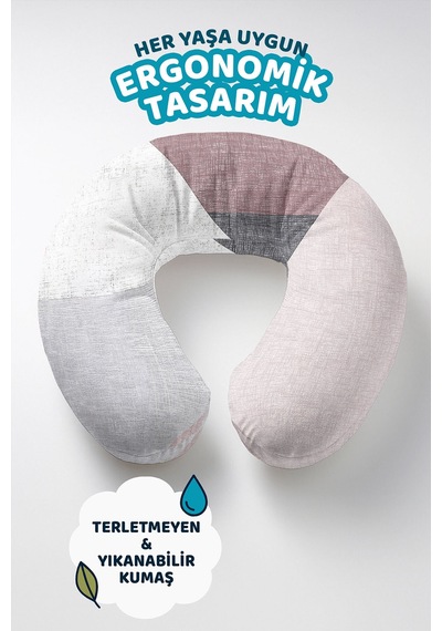 Modern Geometrik Pamuklu Boyun Yastığı - Pastel Gri Pembe Minimal Seyahat Yastığı Fildişi