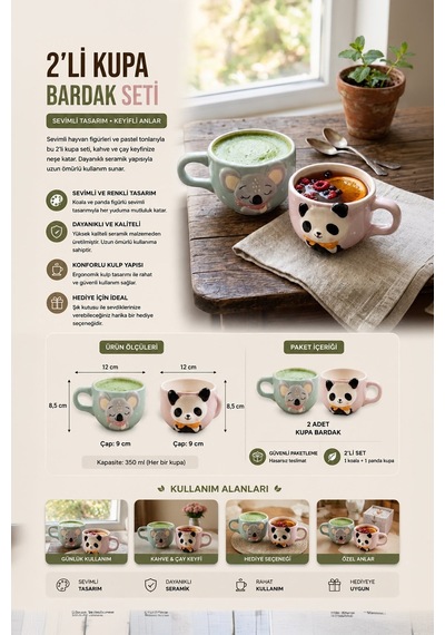 Minizoo Sevimli Fil Ve Panda Figürlü 2 Adet Porselen Kupa Seti Renklı