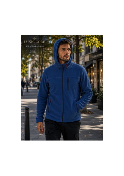 Luxıc Core Mavi Kapüşonlu Mavi Polar 3 Cepli Fermuarlı Sıcak Tutan Kışlık Outdoor Hoodie Günlük Stilpro