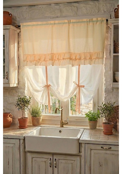 Cotton Maison Country Style Potlu Perde, 220 X 200, 4690, Sarı Çok Renkli