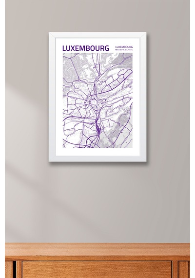 Lüksemburg Luxembourg Şehir Haritası Çerçeveli Tablo Lüks Salon Ofis Duvar Dekorasyonu Tablo Beyaz