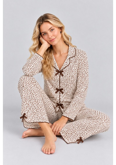 Pijamask Kadın Ekru Kahverengi Leopar Desenli Fiyonk Detaylı Bol Paça Pijama Takımı Beyaz