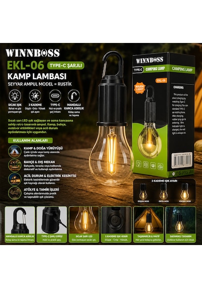 Usb Şarjlı Seyyar Ampul Model Rustik Kamp Lambası Mandallı Kanca Askılık 3-kademe Işık Ekl-06 G-912 4801