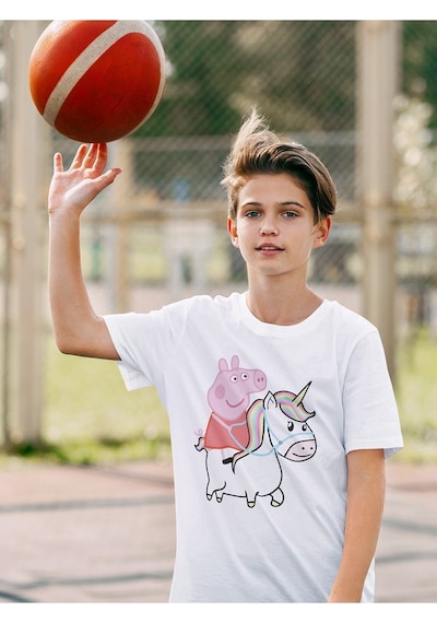 Sevbano Peppa Pig Unicorn Baskılı Unisex Çizgi Film Çocuk Tişört 1-12 Ya Beyaz