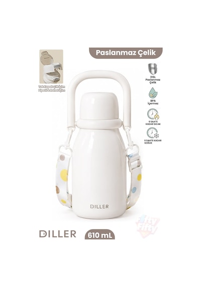 Dıller 610 Ml Premium Bardak Kapak Çift Kullanım Pipetli Rahat İçim Kulplu Askılı Paslanmaz Çelik Termos Ff9512 Beyaz
