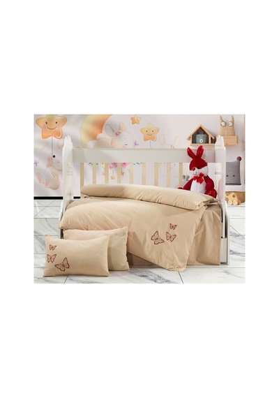 Kelebek Nakış İşlemeli Natural Keten Fırfırlı Bebek Nevresim Takımı Bej - 786785424 Bej