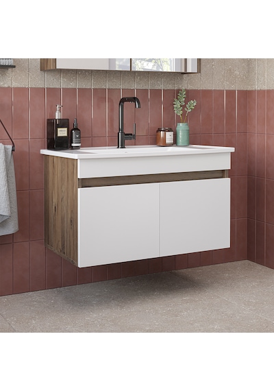 '' Lavabolu '' Mat Mdf 80 Cm Banyo Alt Dolabı Beyaz - Atlantik Çam