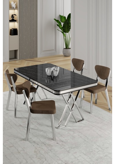 Raja Serisi 80x130 Lak Panel Siyah Mermer Desen Masa Takımı Krom Ayaklı 4 Sandalye Siyah Mermer Masa Kahve Sandalye Raja Serisi 80x130 Lak Panel Siyah Mermer Desen Masa Takımı Krom Ayaklı 4 Sandalye Siyah Mermer Masa Kahve Sandalye
