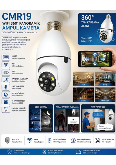 Cmr19 Wifi 360 Panoramik Ampul Kamera Gece Görüş Ses Akıllı Hareket Algılayıcı Güvenlik Kamerası