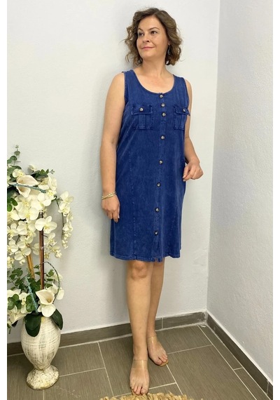 Mia Butik Kadın Yıkamalı Önden Düğmeli Elbise Lacivert