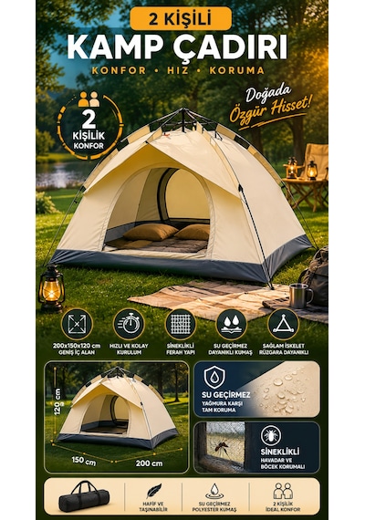 Çadır Tam Otomatik Kamp Çadırı 2 Kişilik 200x150 Cm 3 Saniyede Kurulum Su Geçirmez Geniş Çadır Outdoor Bej