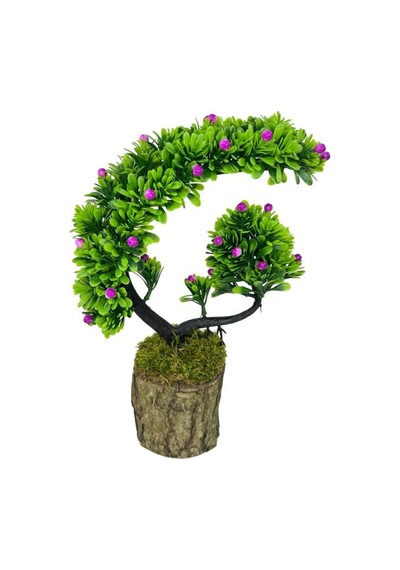 Yapay Çiçek Bonsai Ağacı Kütük Saksıda Lila Tomurcuklu Hilal Model Dekoratif Yapay Ağaç Bonzai 30 20 Cm