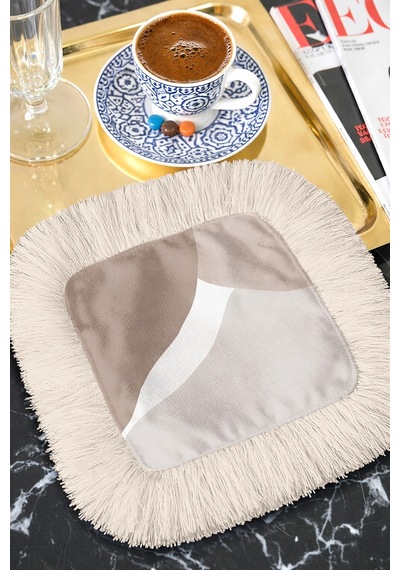 Soft Elegance Saçaklı Sunum Peçetesi - Akışkan Dalga Bohem Bej Krem Desenli Kahve Sunum Mendili Göl Açık Bej