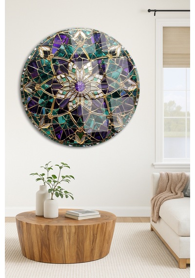 Altın Mandala Çiçek Desenli Yuvarlak Cam Tablo Modern Duvar Dekoru Uv Baskılı Canlı Renkler Yatak Odası Ve Antre Yeni Ev Hediyesi