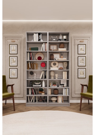 Asra Trend K-11 %100 MDF 120 cm 2 Modüllü Kitaplık 14 Raflı Ofis Dosya Dolabı Kül Gri