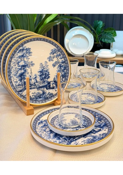 18 Parça Antik Blue Pasta Çay Takımı Seti-5882 Çok Renkli