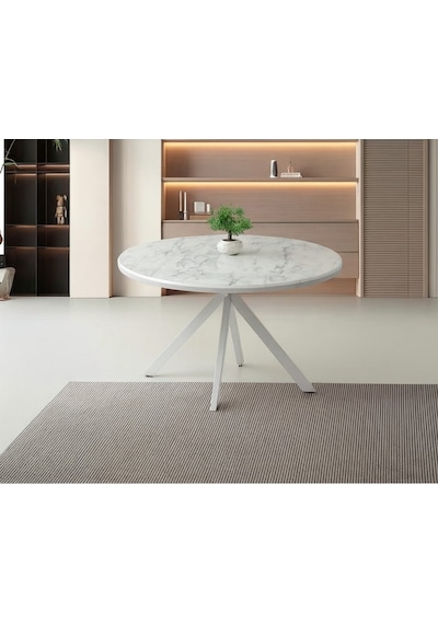 Ahşap Yuvarlak Açılır Büyüyen Yemek Masası Beyaz Mermer Desen 70 x 120 CM