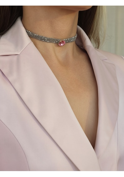 Kordon Zincir Örme Kristal Taşlı El Yapımı Choker Tasma Pembe Silver Renk Kolye