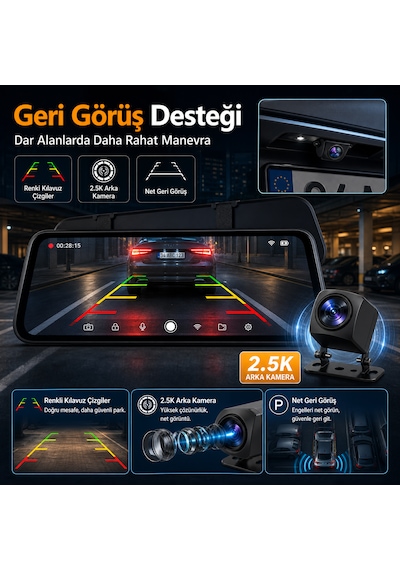 Pasens Araç Dikiz Aynası Dvr 4k Ultra Hd Ön + 1080p Arka Kamera, 10" Ips Dokunmatik Ekran, Wifi & App Kontrolü, Süper Gece Görüş, Bsd