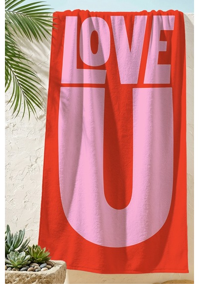 Love Yazılı Modern Plaj Havlusu - Tipografik Kırmızı Pembe Hızlı Kuruyan Havuz Deniz Banyo Havlusu Mat Lavanta