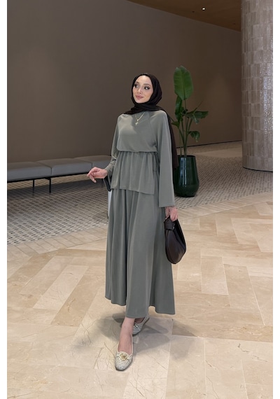 Riella Butik Ahen Oysho Kumaş Oversize Günlük Tesettür Takım Yeşil