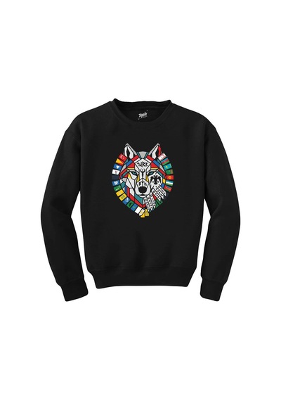 Bayrak Çelenkli Bozkurt Başı Baskılı Siyah Sweatshirt