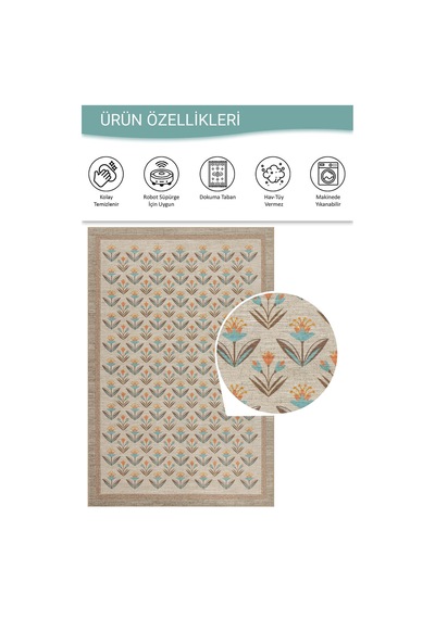 Artloop Nora Krem / Bej Modern Çiçek Desenli Dokuma Tabanlı Şönil Halı Al 485 Krem - Bej