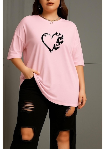 Büyük Beden Kalpli Kelebek Baskılı Unisex Tişört Pembe