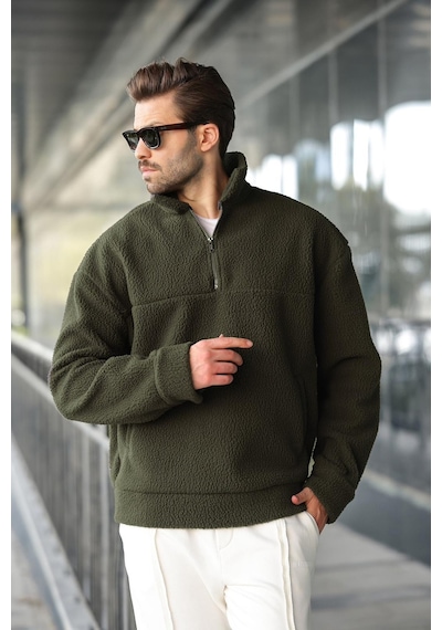 Madmext Haki Yarım Fermuarlı Dik Yaka Polar Sweatshirt E7165 Haki