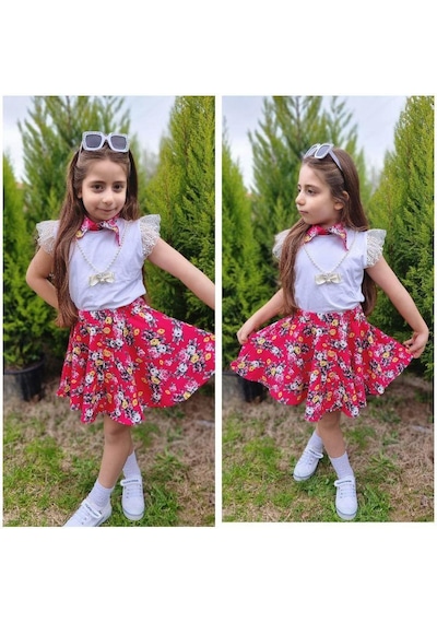 MODAVALS DANTELLİ KOLYELİ ÇİÇEK DESENLİ KIZ ÇOCUK ETEKLİ KOMBİN - KIRMIZI Çok Renkli