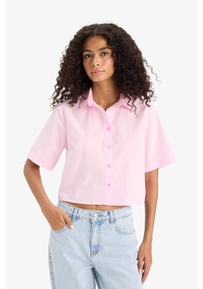 Defacto Regular Fit Gömlek Yaka Poplin Kısa Kollu Gömlek F8580ax25smpn205 Pembe