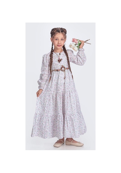 Mnk Baby & Kids Müslin Kumaş Kız Çocuk Uzun Kol Tesettür Elbise M00705 Beyaz