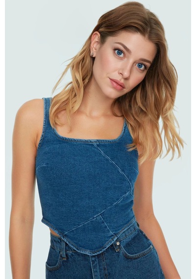 Ersefa Pamuklu Denim Bluz Crop Kesim Kare Yaka Yazlık Kaliteli İşçilik Z Mavi