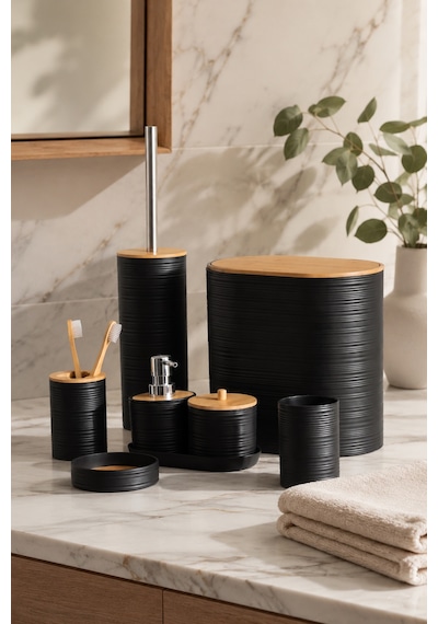 Porsima 4530 8 Parça Banyo Seti - Bambu Kapaklı Çöp Kovası, Sabunluk, Diş Fırçalığı Ve Wc Fırçası Siyah