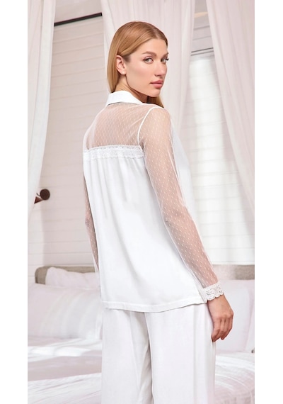Modaco Dantelli Ve Tüllü Uzun Kollu Önü Düğmeli Saten Pijama Takımı Beyaz