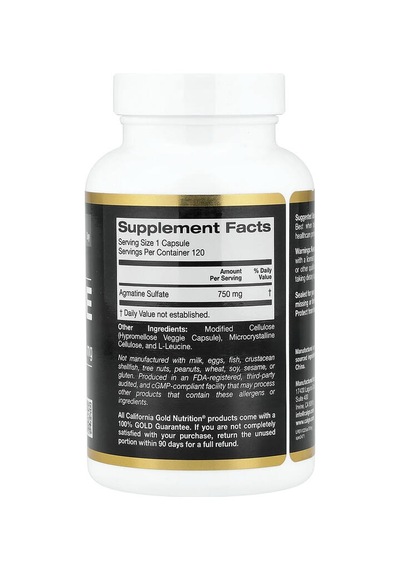 California Gold Nutrition, Agmatine Sulfate, 750 Mg, 120 Veggie Capsules Aromasız