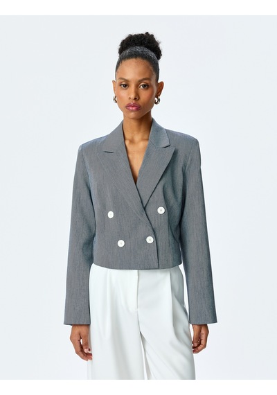Koton Uzun Kollu Düğmeli Kruvaze Yaka Crop Blazer Ceket Lacivert 5sak50017uw Lacivert