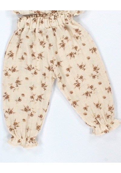 Babyhola Dantel Detaylı Çiçek Desenli Müslin Bayramlık Kız Bebek Takım Üst Ve Pantolon İkili Set 2009 Bej