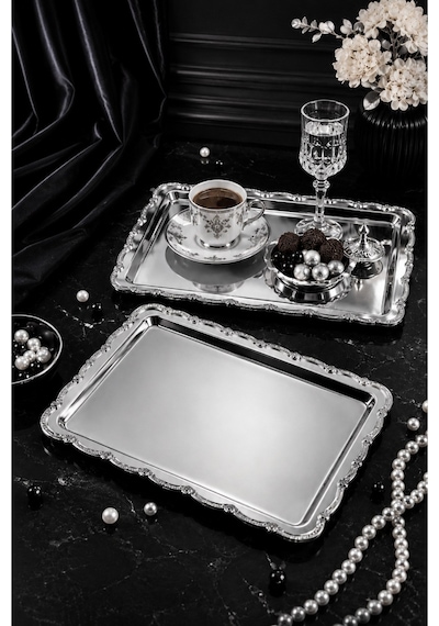 Jasper Nova Silver 2'li Paslanmaz Çelik Gümüş Çerçeve Kahve Sunum Tepsisi Baton 33x17 Cm Gri - Gümüş
