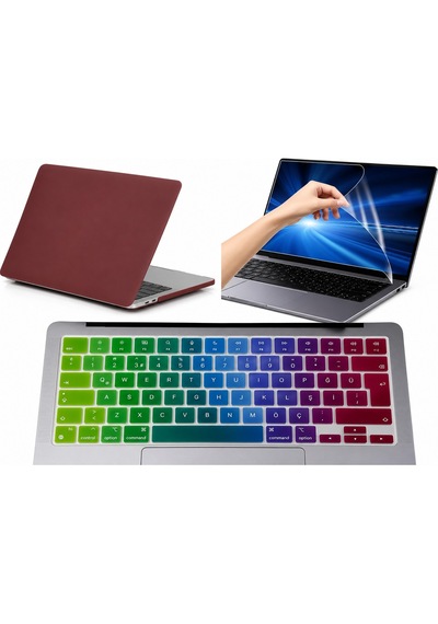 Arabulalaca Apple Uyumlu MacBook Air 13 Inç A2337 A2179 M1 Işlemçi Kılıf Hardcase Kapak + Klavye Koruyucu +ekran Koruyucu 3 Lü Set.. Logo Bordo