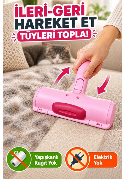 Pembe Tekrar Kullanılabilir Hazneli Tüy Toplama Rulosu Kedi Köpek Tüyü Koltuk Temizleme Aparatı