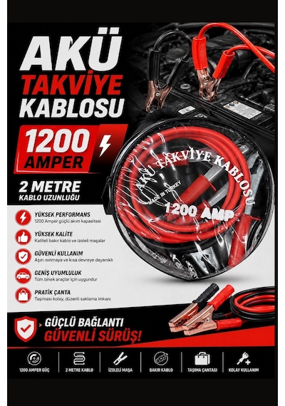Akü Takviye Kablosu 1200 Amper 2 Metre Bakır Maşalı Taşıma Çantalı Oto Takviye Kablosu