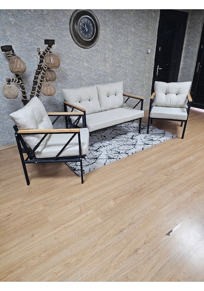 Zafir Siyah Boyalı Bahçe - Balkon - Mutfak Çay Seti Takımı Bahçe Koltuk Takımı Krem